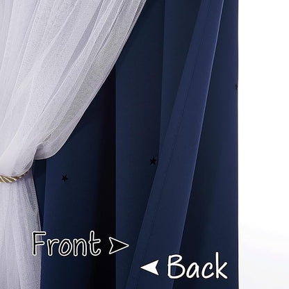 NICETOWN Kids Curtains, Navy Romantic Moon and Stars Double Layer Curtains Blackout Grommet Drapes for Kids Teenagers Bedroom Small Window for Thanksgiving, 2PCs, 52 inches Wide x 63 inches Long