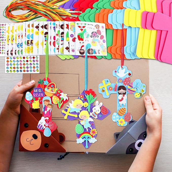 Qyeahkj 32 Sets Sunday School Foam Craft for Kids He is Risen Bookmark Craft DIY Easter Religious Craft Kit Easter Egg Bunny Foam Stickers Cross Craft for School Home Activities Party Favor