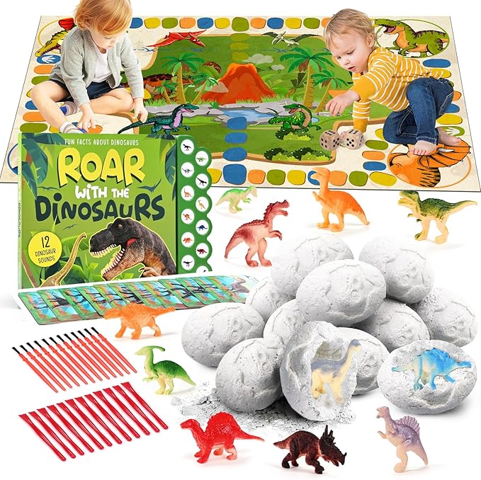 Dino Eggs Dig Kit, 12 Pack Dinosaur Eggs Excavation Set, Easter Gift Dinosaur Toys Science Experiments Kits with 12 Cards, Easter Basket Stuffers Toys for 3 4 5 6 7 8 9 10 11 Year Old Boys Girl