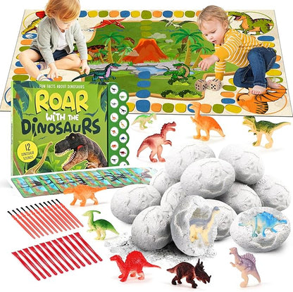 Dino Eggs Dig Kit, 12 Pack Dinosaur Eggs Excavation Set, Easter Gift Dinosaur Toys Science Experiments Kits with 12 Cards, Easter Basket Stuffers Toys for 3 4 5 6 7 8 9 10 11 Year Old Boys Girl