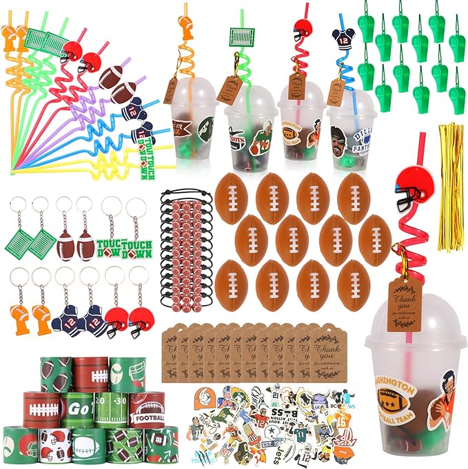 LiYiQ 158 Pcs Football Party Favors Football Party Supplies with Cup Straw Stress Ball Keychain Sticker Slaps Bracelets Whistle Thank You Tags for Football Birthday Decorations