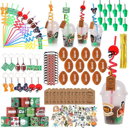 LiYiQ 158 Pcs Football Party Favors Football Party Supplies with Cup Straw Stress Ball Keychain Sticker Slaps Bracelets Whistle Thank You Tags for Football Birthday Decorations