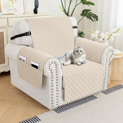 XINEAGE Quilted Chair Sofa Cover Waterproof Chair Covers for Armchair, Super Soft Washable Slipcover with Pockets & Non-Slip Elastic Straps, Thick Furniture Protector (Chair, Beige)