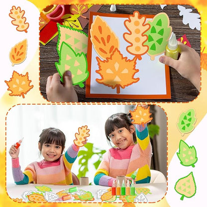 24 Pcs Fall Sand Art Craft Kits for Kids Autumn Maple Leaves DIY Craft with Colored Sand Brushes Make Your Own Sand Art for Fall Thanksgiving Home Party Activities Fun