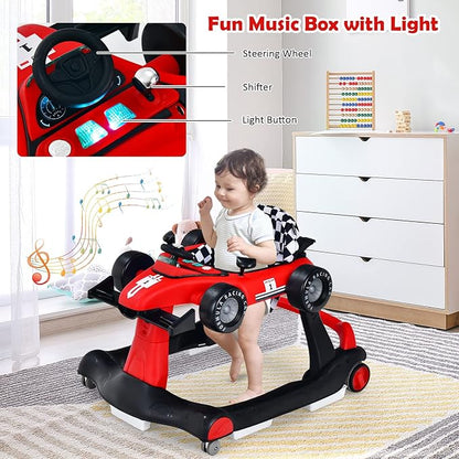 HONEY JOY 4-in-1 Baby Walker, Activity Push Walker w/3 Adjustable Heights, Smooth Wheels w/Adjustable Speed, Padded Seat, Music & Light, Foldable Car Walker for Baby Boys Girls Age 6 Months+ (Red)