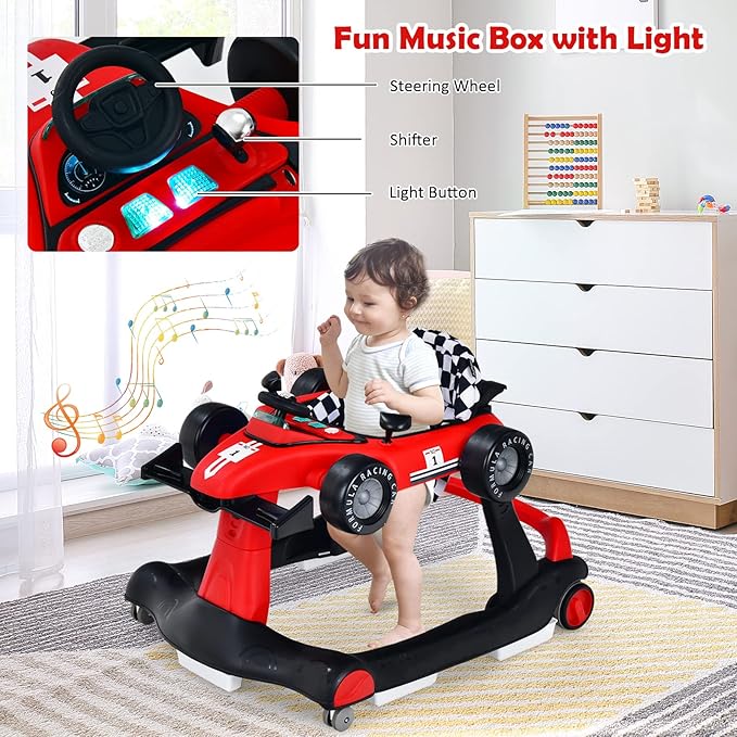 HOMGX Baby Walker with Wheels, Convertible Baby Push Walker & Race Car Mode, Infant Activity Center with Music Box, 3 Heights & 2 Speeds, Foldable Walkers for 6-18 Months (Red)
