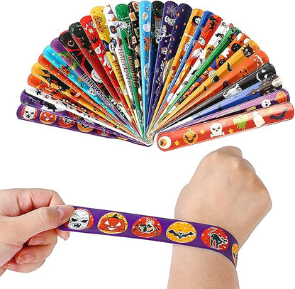 Halloween Slap Bracelet For Kids,48Pcs Halloween Party Favors, Halloween Decorations Gifts Bracelet Decorations Outdoor, Halloween Prizes Snap Bracelets Bulk Decor,Halloween Favors for Kids,Boys,Girls