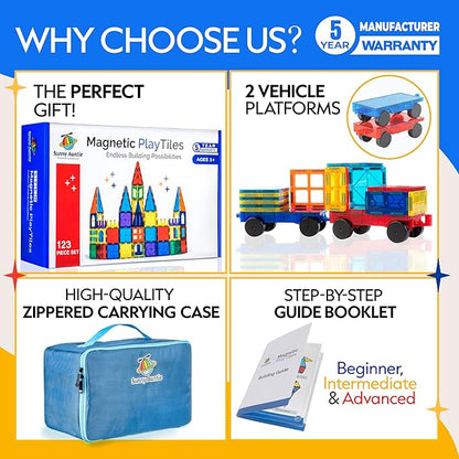 Magnetic Tiles 123 PCS + Zippered CASE, Magnetic Tiles for Kids Toy for 3 4 5 6 7 8 Year Old Boys & Girls, Great Gift for Kids Aged 3-8