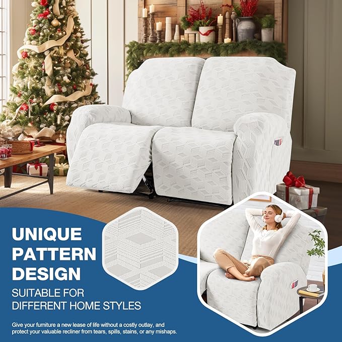 TAOCOCO Recliner Loveseat Cover, Stretch Jacquard Reclining Loveseat Cover Furniture Protector Sofa Slipcovers 2 Seat Recliner Covers with Elastic Bottom for Kids, Pets(Cream White)