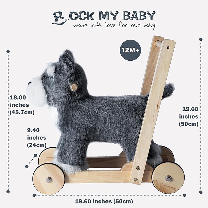 Rock My Baby Wooden Baby Walker, 2-in-1 Baby Push Walker & Ride On Toy for Toddlers 12M+, Learning to Walk Toy with Sweet Music, Soft Cuddly Dog Toy for Boys Girls (Schnauzer Dog) CPC Certified