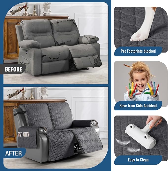 TAOCOCO 100% Waterproof Loveseat Recliner Cover-Recliner Cover with Non-Slip Granule, Recliner Chair Covers with Elastic Band,Washable Recliner Chair/Protector for Pets(Black Gray, 2 Seater)