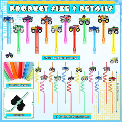 120 Pcs Truck Party Favors Set Include 12 Truck Bubble Wands 12 Slap Bracelets 12 Keychain 12 Truck Gift Bag 12 Truck Stickers 12 Drinking Straw 50 Stickers for Truck Birthday Party Favors
