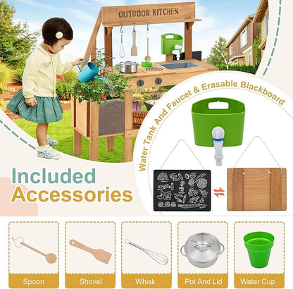 Mud Kitchen for Kids Outdoor, Wood Outdoor Kitchen with Planter Box, Toddler Play Kitchen with Sink, Faucet, Blackboard, Water Cup and Kitchen Accessories for Kids