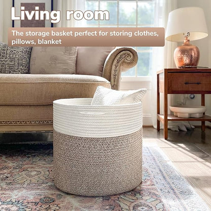 Goodpick 15.8 x 15.8 x 13.8 Inches Blanket Basket - Cotton Rope Baskets for Blankets & Toys, Nursery & Living Room Decor (Soft Material Design)