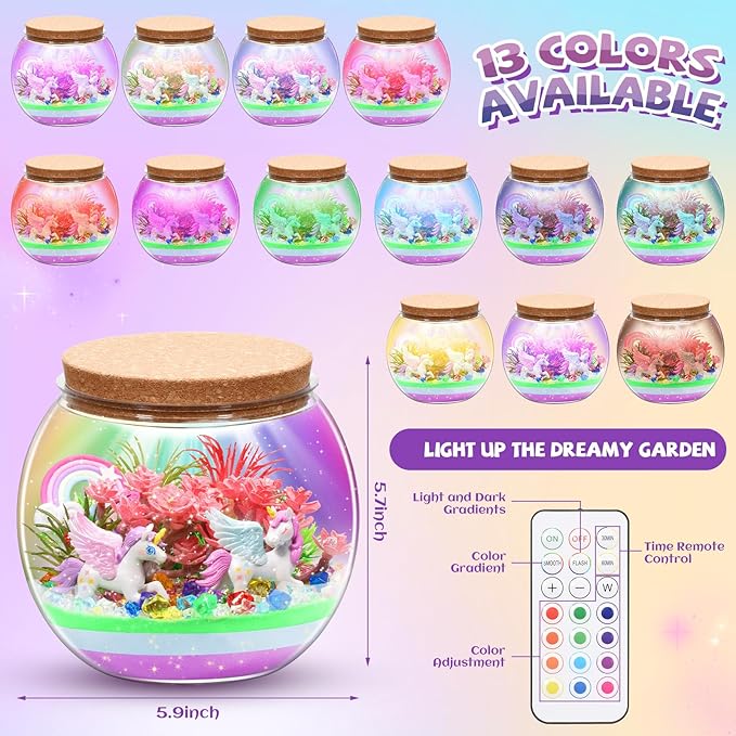 2 Theme in 1 Jar Light Up Unicorn Terrarium Kit & Night Light Fairy Terrarium Kit Creativity DIY Aarts Crafts for Girls Toys Ages 4 5 6 7 8 Year Old Girl Birthday Gifts