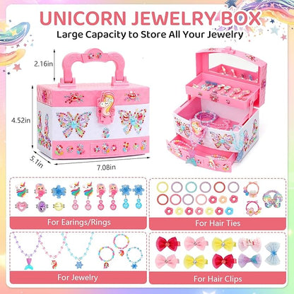 Jewelry Box for Girls, Unicorn Toys for Girls Age 4-6 Kids Jewelry Box, Toddler Girl Jewelry Set with Princess Necklaces/Bracelets/Earrings/Rings, Funny Christmas Birthday Gifts for 3-6 Year Old Girl
