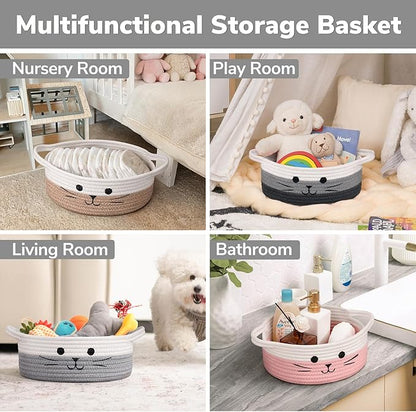 Cute Cat Toy Basket, Gift Baskets Empty for Home Decor, Baby Basket for Baby Shower, Small Cotton Rope Baskets for Pets Toys, White & Grey, 9.8 x 4 inches