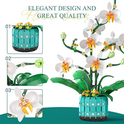 BAKA Orchid Flower Building Kit for Adults and Kids, Orchid Bonsai Building Set for Home Decor Botanical Collection in White and Yellow Orchid, Idea Gift for Valentines Day, Birthday - 1110pcs