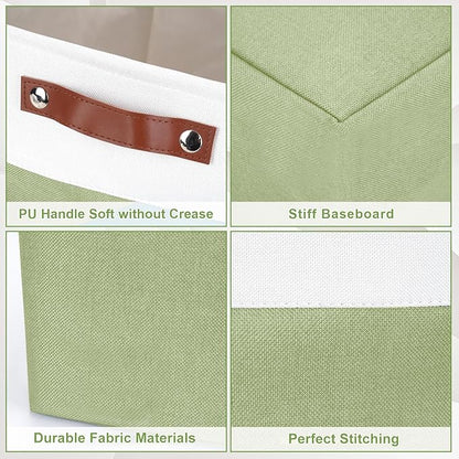 Bagnizer 13x13 Cube Storage Bins, Collapsible Fabric Storage Box, 4 Pack Closet Baskets with Handles for Organizing, Shelf, Toys, Clothes, Home, Office, Nursery (Green&White)