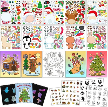 JOYIN Christmas 20 Pcs Make-a-face Stickers, 10 Pcs Coloring Book, 10 Pcs Rainbow Color Scratch, Christmas Art & Craf Kit Combo Set for Kids Girls and Boys, Holiday Presents and Party Favors