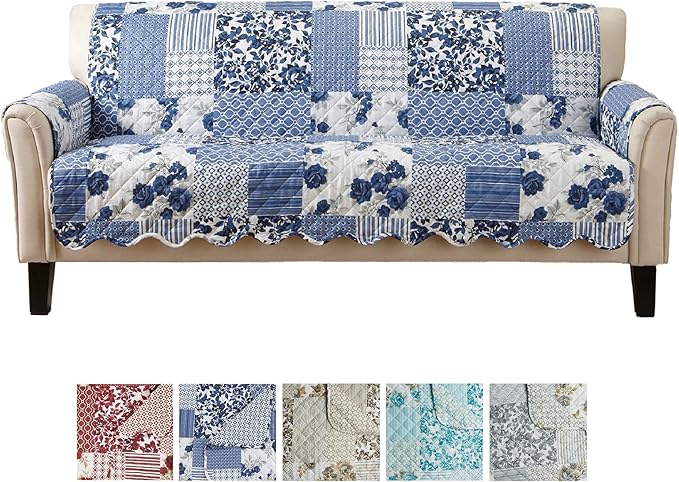 Great Bay Home Patchwork Scalloped Printed Furniture Protector Stain Resistant Sofa Cover (Sofa, Navy)