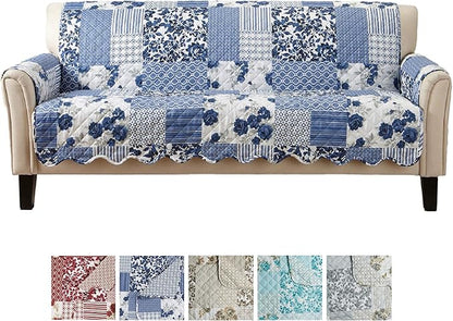 Great Bay Home Patchwork Scalloped Printed Furniture Protector Stain Resistant Sofa Cover (Sofa, Navy)