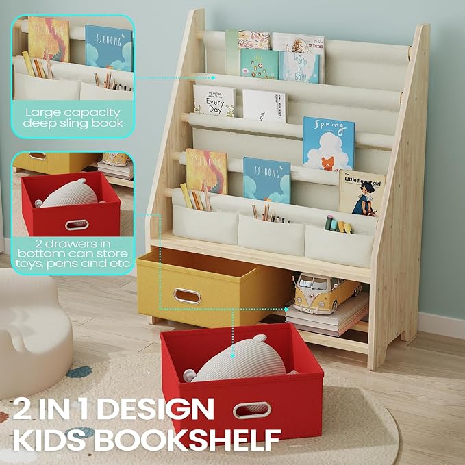 EXPERLAM 4 Tier Kids Book Shelf, Wooden Kids Book Rack Storage Bookshelf with Toy Storage Organizer, Toddler Sling Bookshelf for Boys, Girls, Play Room, Nursery, Red/Yellow