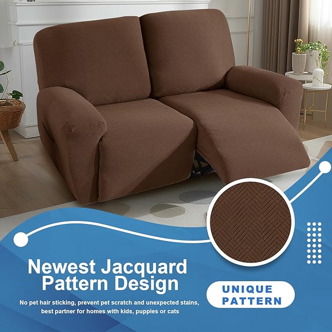 JIVINER 4 Pieces Recliner Loveseat Covers Stretch Recliner Sofa Slipcover with Elastic Bottom Jacquard Fitted Reclining Couch Cover Furniture Protector with Pockets (2 Seater, Brown)