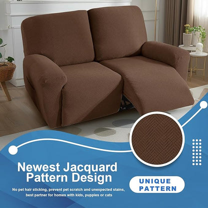 JIVINER 4 Pieces Recliner Loveseat Covers Stretch Recliner Sofa Slipcover with Elastic Bottom Jacquard Fitted Reclining Couch Cover Furniture Protector with Pockets (2 Seater, Brown)