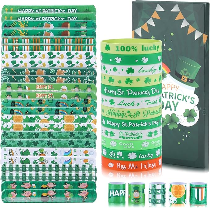 xutengy 48PCS St. Patricks Day Party Favors Accessory，Rubber Bracelets Silicone Wristbands for Party Supplies Shamrock Rubber Bracelets for kids teens Gifts Holiday