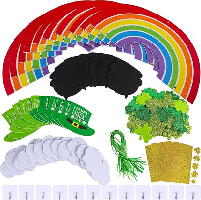 Winlyn 12 Sets St. Patrick's Day Decorations Rainbow Ornaments DIY St. Pat's Craft Kits Rainbow Four-Leaf Clover Irish Lucky Shamrock Foam Stickers for Kids Party Classroom Home Activity Art Project