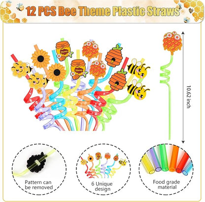 Erweicet Bee Party Favors 72 PCS Cute Bee Slap Bracelets DIY Stickers Honeycomb Temporary Tattoos Keychain Plastic Straws Gift Bags for Bee Day Theme Kids Birthday Party Baby Shower Party Supplies