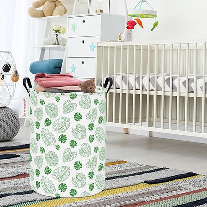 QUEENLALA Large Storage Basket,Laundry Hamper/Bathroom/Home Decor/Collapsible Round Storage Bin,Boys and Girls Hamper/Boxes/Clothing(Round-Green Leaf)