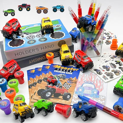 Cinrobiye 72Pcs Monster Truck Coloring Book with Crayons Bulk，Truck Car Party Favors Goodie Bags Fillers，Hot Wheels Birthday Party Supplies Face Stickers Tattoo Prizes Gift for Monster Truck Party