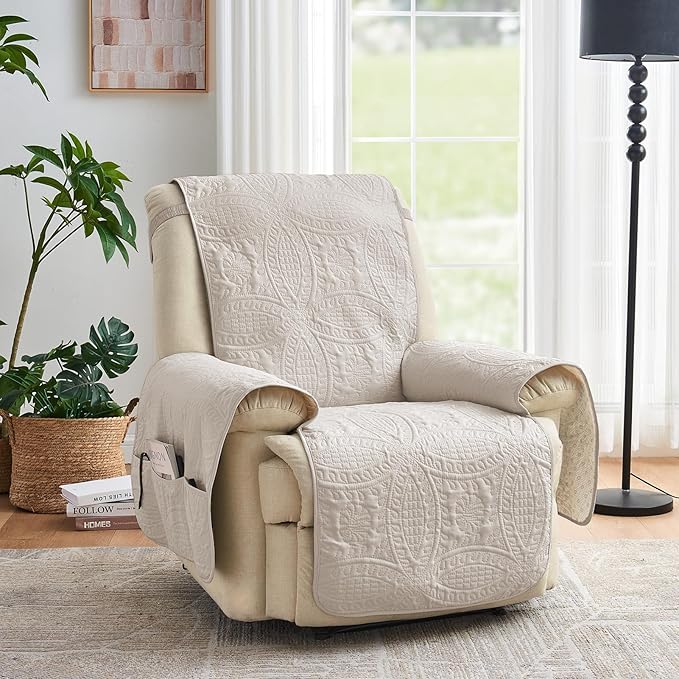 Beige Quilted Recliner Covers, Water-Repellent Recliner Slipcovers, Lazy Boy Chair Covers, Pet Friendly Recliner Cover for Dogs Cats, Washable Furniture Protector (Recliner 22", Beige Cream)