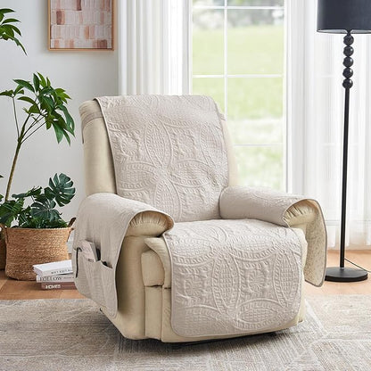 Beige Quilted Recliner Covers, Water-Repellent Recliner Slipcovers, Lazy Boy Chair Covers, Pet Friendly Recliner Cover for Dogs Cats, Washable Furniture Protector (Recliner 22", Beige Cream)