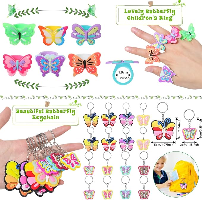 Ecally 171 Pcs Butterfly Party Favors for Girls Butterfly Keychain Hairpins Stickers Bracelet Ring Necklace Tattoo Straws Plastic Cups with Dome Lids Tag for Kids Butterfly Birthday Party Supplies