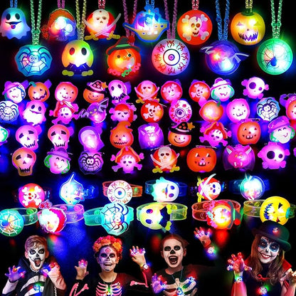 Halloween Party Favors for Kids, 118PCS Halloween Light Up Toys including Necklaces Rings Bracelets Brooches, Glow in the Dark Halloween Toys Bulk, Halloween Goodie Bag Fillers Treats Classroom Favors