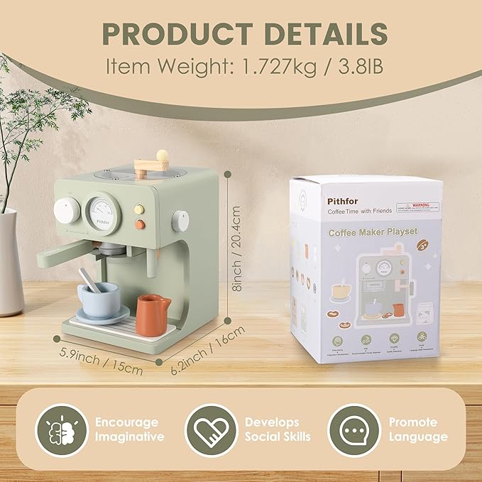 Kids Wooden Coffee Maker Toy with Grinder, Pretend Play Kitchen Appliances & Accessories Toy Gift for Kids Toddlers Boys Girls