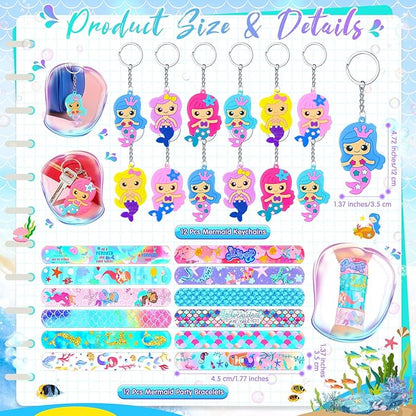 110 Pcs Mermaid Party Favors Birthday Decoration Party Supplies Mermaid Bubble Wands Straws Keychains Bag Snap Bracelet Stickers Fillers