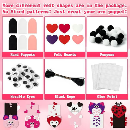 WATINC 6Pcs Hand Puppet Making Kit, Art Craft Felt Sock Puppet Toys, Creative DIY Make Your Own Pompoms Wiggle Googly Eyes Storytelling Role Play Party Supplies Gift for Girls Boys (Valentine