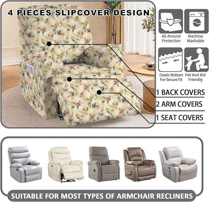 CRFATOP Printed Recliner Slipcover Stretch Reclining Chair Covers 4 Pieces Non Slip Recliner Sofa Slipcovers with Pocket Fitted Sofa Couch Cover Lazy Boy Chair Cover for Pet Kid Living Room,06
