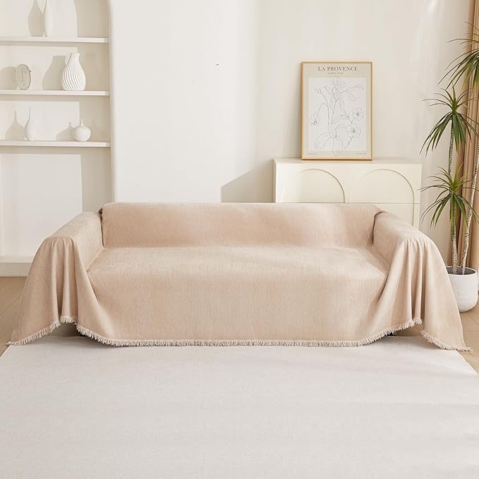 MYSKY HOME Sofa Covers for Futon Couch Cushion Cover with Tassel Edge Khaki Couch Covers Thick Soft for Cats Vintage Sofa Seat Covers Couch Cover for Dogs Universal Furniture Protector, 71"x 102"