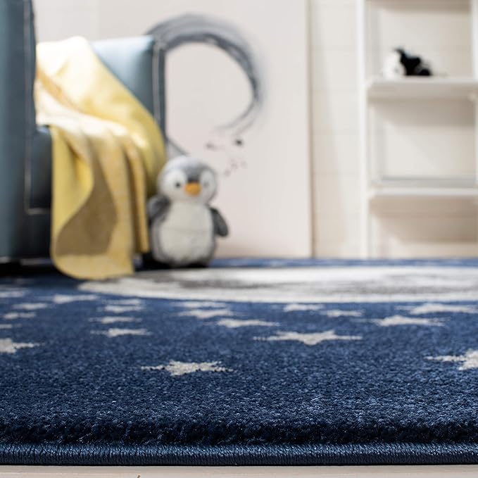 SAFAVIEH Carousel Kids Collection Area Rug - 5'3" Square, Navy & Grey, Non-Shedding & Easy Care, Ideal for High Traffic Areas for Boys & Girls in Playroom, Nursery, Bedroom (CRK135N)