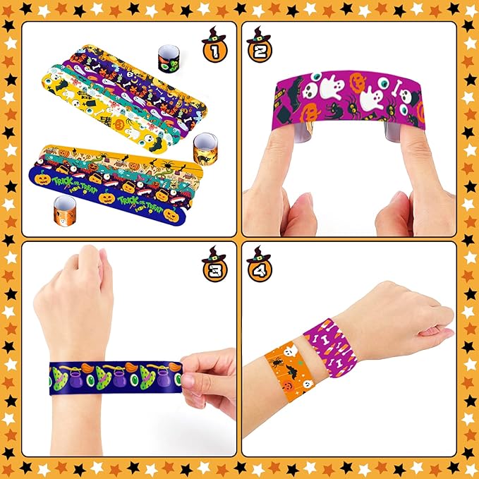 Halloween Slap Bracelets for Kids, 100 Halloween Bracelet Toys Bulk For Kids Girls Boys, Trick or Treat Party Favors, Classroom Prizes, Exchanging Gifts, Halloween Party Gift Treat Bag Filler Supply