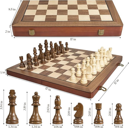 17" Magnetic Wooden Chess Set for Adults Kids, Chess Board Games with Magnetic Pieces & Extra Queens, Folding Portable Travel Large Unique Chess Sets for Tournament Professional Beginner