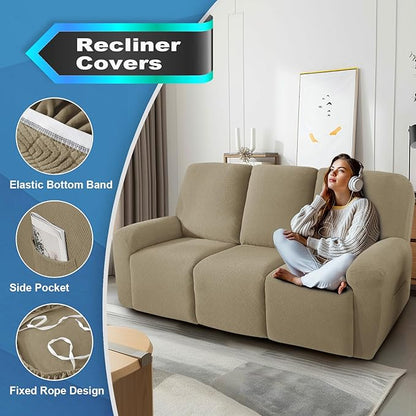 JIVINER 5 Pieces Recliner Sofa Covers Stretch Recliner Sofa Slipcover with Elastic Bottom Jacquard Fitted Reclining 3 Cushion Couch Cover Furniture Protector with Pockets (3 Seater, Khaki)
