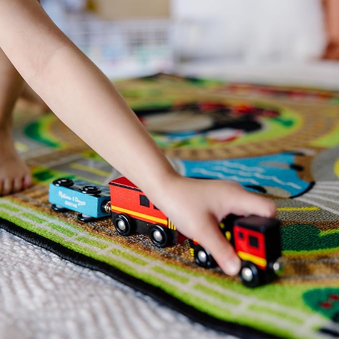 Melissa & Doug Round the Rails Train Activity Play Rug, 3 Wooden Train Cars (39" x 36")