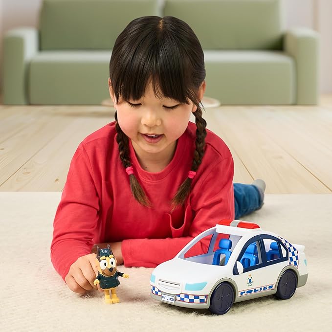 Bluey Police Car Toy, Vehicle from The Special Episode The Sign. Includes Toy Police Car with Flashing Lights & Sounds, Policeman Figure, and Themed Sticker Set. Batteries Included.