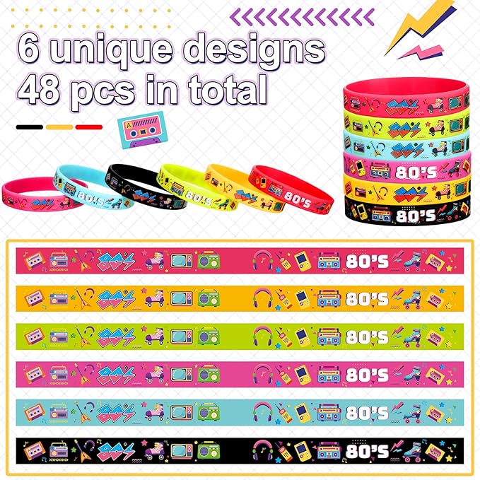 Leitee 48 Pcs 80s Party Favors 1980s Themed Silicone Bracelets 80s Jewelry for Women Men Radio Roller Skate 80s Bracelets Retro Rubber Wristbands for 1980s Party Birthday Music Party Supplies